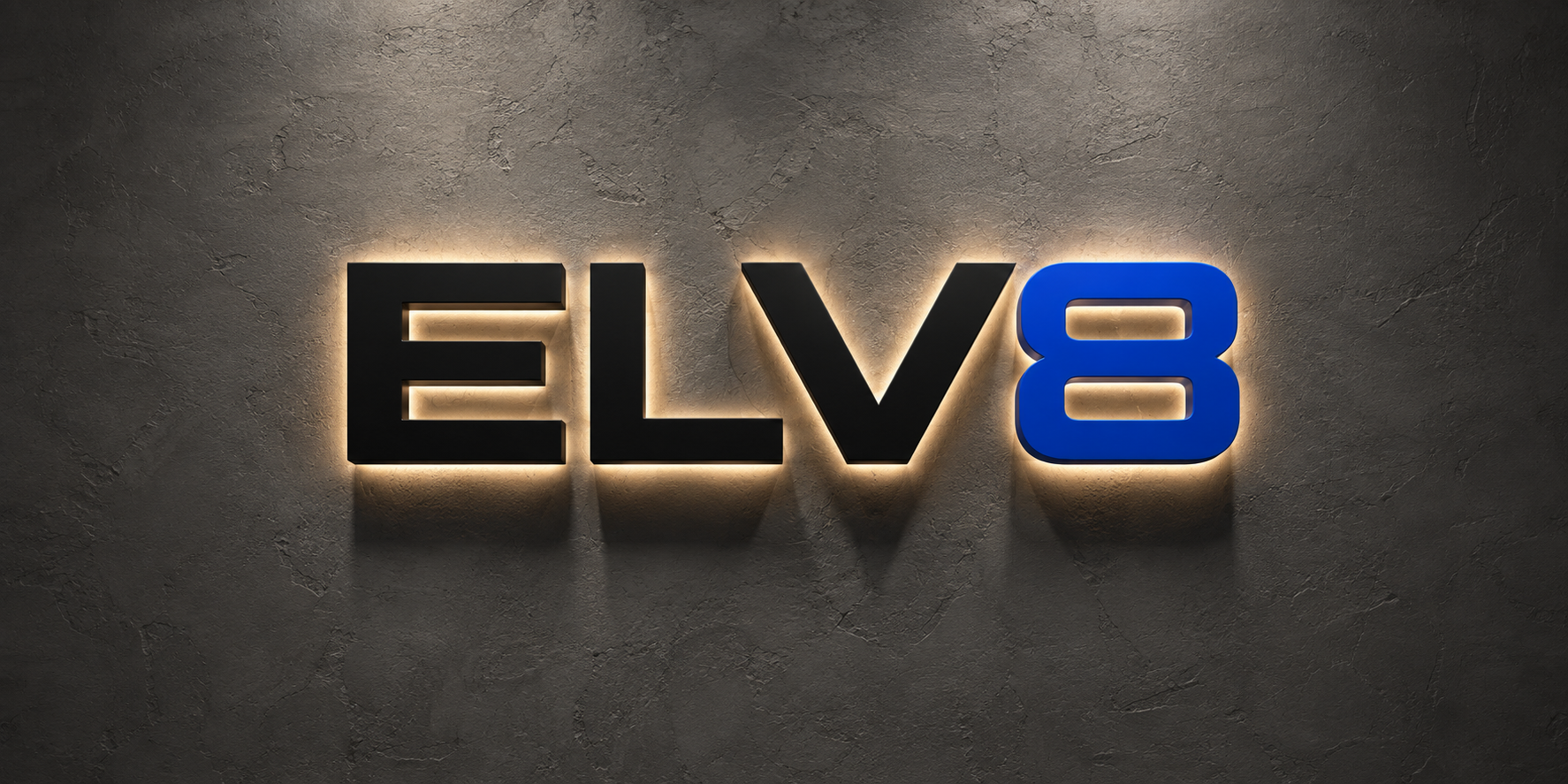 ELV8 dimensional wall sign with black letters and a blue 8